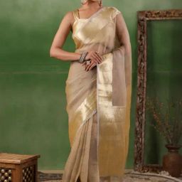 Geroo Jaipur Beige Tissue Saree With Zari Border-picture-2