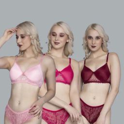 FIMS Pink & Maroon Lace Work Bra Panty Sets - Pack Of 3-28