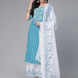 Stylum Turquoise Floral Print Kurta With Palazzo & Dupatta-picture-2