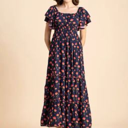 Moomaya Blue & Red Floral Print Maxi Dress-image-39