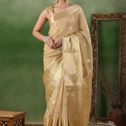 Geroo Jaipur Beige Floral Tissue Saree-picture-14