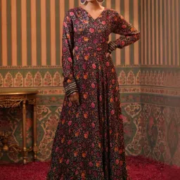 Scakhi Black Muslin Silk Floral Print Pleated Anarkali Gown-picture-47