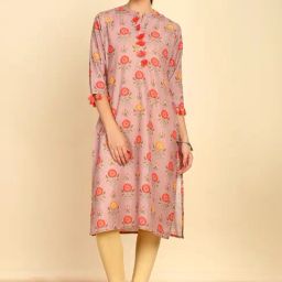 Soch Womens Onion Pink Floral Printed Rayon Straight Kurta With Tassels-image-83