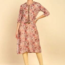 Soch Womens Peach Floral Printed Rayon Straight Kurta With Tassels-image-48