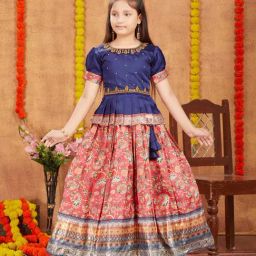 Aarika Kids Navy & Coral Embroidered Lehenga with Choli-image-53