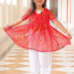 Thread & Button Girls Bandhani Printed Regular Silk Chiffon Kurta with Trousers-picture-10
