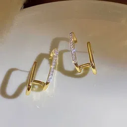 styledose Gold-Plated Stainless Steel Contemporary U-shaped Cubic Zirconia Antique Studs-13