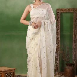Geroo Jaipur White Hand Embroidered Gota Jaal Chiffon Saree-image-9