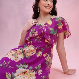 DressBerry Floral Print V-Neck Layered A-Line Midi Dress-image-53
