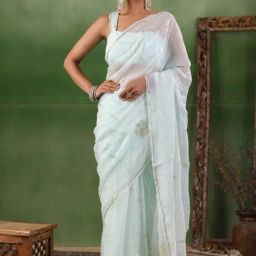 Geroo Jaipur Mint Blue Hand Embroidered Chiffon Saree-picture-23