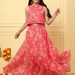 TeenTrums Girls Coral Georgette Regular Fit Printed Top & Skirt Set-picture-25