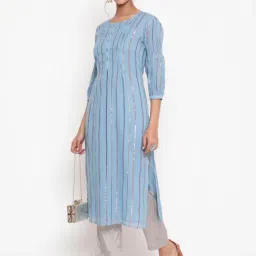 Savi Powder Blue Cotton Straight Striped Kurta kurtis-image-15