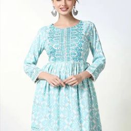 SHOWOFF Blue Cotton Printed 3/4th sleeve Kurti-picture-24