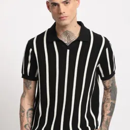 The Bear House Black Cotton Regular Fit Striped Polo T-Shirt-picture-22