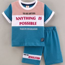 ToffyHouse Half Sleeves T-Shirt & Shorts Set Anything Is Possible Print - Blue-image-14