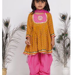 Little Bansi Full Sleeves Jaipuri Hand Work KurtaWith Salwar & Dupatta - Yellow & Pink-picture-31