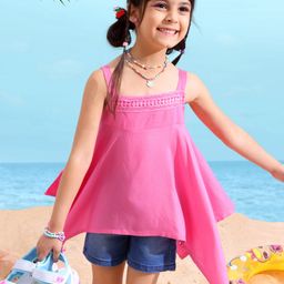 Babyhug Rayon Sleeveless Solid Top With Lace Detailing- Neon Pink-image-85