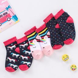 Cute Walk by Babyhug Non Terry Cotton Knit Ankle Length Anti Bacterial Socks Unicorn Design Pack of 3 - Black Red & White-image-6
