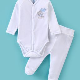 I Bears Cotton Interlock Knit Full Sleeves Teddy Printed Onesie with Bootie Legging - White-image-6