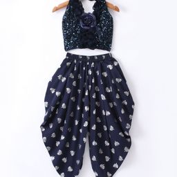 Twisha Halter Neck Sequin Embellished Ruffles Designer Top With Butterfly Foil Printed Dhoti - Navy Blue-image-5