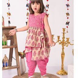 Kinder Kids Sleeveless Flower Printed High Low  Kurta With Katha Dhoti - Pink & White-image-96