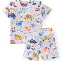 Babyhug Single Jersey Knit Half Sleeves Night Suit Car Print - White-image-67