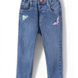 Babyhug Denim Full Length Jeans With Stretch & Butterfly Embroidery - Blue-picture-48