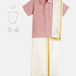 THANGAMAGAN Viscose Half Sleeves Solid Shirt With Mundu & Angavastram With Freebies Set - Light Pink-image-53