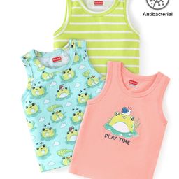 Babyhug 100% Cotton Knit Sleeveless  Antibacterial Sando  with Striped & Frog Print  Pack of 3 - Multicolour-image-8