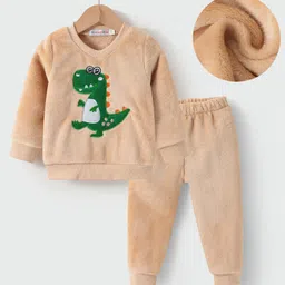 Kookie Kids Full Sleeves Winter Wear Suit With Dino Applique - Beige-picture-4