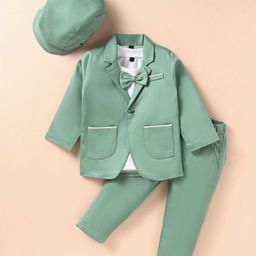 Robo Fry Lycra Knit Full Sleeves Solid Colour Blazer T-Shirt & Trouser Set with Attached Bow & Hat - Teal Blue-picture-41