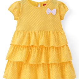 Babyhug Single Jersey Knit Cap Sleeves Knee Length Layered Frock with Bow Polka Dot Print - Yellow-41