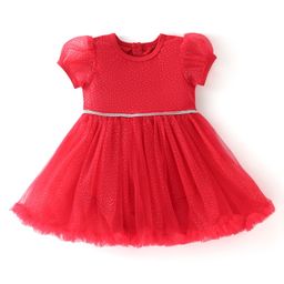 Mark & Mia Half Puffed Sleeves Shimmered Frock Style Onesie with Lace Detailing  - Red-image-3