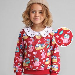 Babyhug Knit Full Drop Shoulder Sleeves Sweatshirt with Floral Graphics & Lace Detailing - Red-image-39