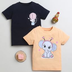 BUMZEE Pack Of 2 Cotton Half Sleeves Elephant Printed Tees - Navy Blue & Orange-image-25