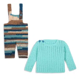 Windrop Solutions Full Sleeves Solid Crotcheted Sweater With Self Designed Dungaree Set - Green-picture-44