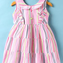 Dew Drops Cotton Woven Sleeveless Striped Peter Pan Collared Frock with Hearts Applique - Pink-image-11