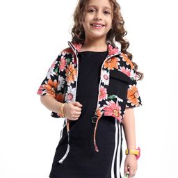 OLLINGTON ST. Sinker Knit Dress with Half Sleeves Floral Printed High Neck Jacket - Black-picture-21