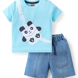 Babyhug Single Jersey Knit Half Sleeves T-Shirt & Denim Shorts Set with Panda Print - Light Blue-image-84