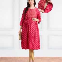 Bella Mama Woven Three Fourth Sleeves Floral Printed Maternity Kurta with Pocket - Dark Pink-picture-14