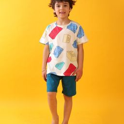 Anthrilo Cotton Knit Half Sleeves Building Blocks Printed Tee & Shorts Set - White & Teal-image-85