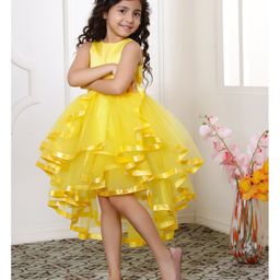 Toy Balloon Kids Net Sleeveless Bow Applique Detailed Layered High Low Dress - Yellow-image-89