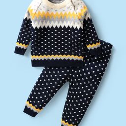Babyhug Knitted Full Raglan Sleeves Sweater Set with Argyle Design - Navy Blue & Yellow-picture-19