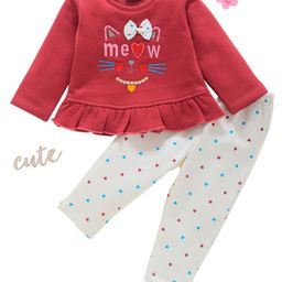 Wonderchild Full Sleeves Meow Text Embroidered Top & Pant Set - Wine-image-27