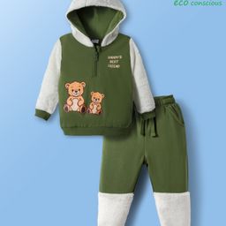 Babyoye 100% Cotton Full Sleeves Winter Wear Fleece Hooded T-Shirt & Lounge Pant Set With Animal Print - Green-picture-20