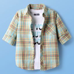 Pine Kids Cotton Knit Full Sleeves Checkered Shirt with T-Shirt - Aqua Blue-image-81
