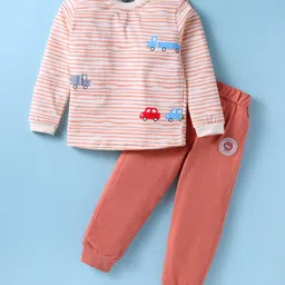 Mini Taurus Sinker Knit Full Sleeves Night Suit With Stripes & Vehicle Print - White & Coral-picture-45