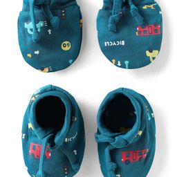 Simply Interlock Knit Vehicles Printed Mittens & Booties Set - Teal Blue-1