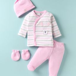 I Bears Interlock Knit Full Sleeves Front Open Striped T-Shirt & Footed Pant Set With Cap & Mittens - Pink-image-51