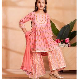 Aarika Cotton Woven Three Fourth Sleeves Floral Motifs Printed Lace Embellished Kurta With Sharara & Dupatta Set - Peach-image-42